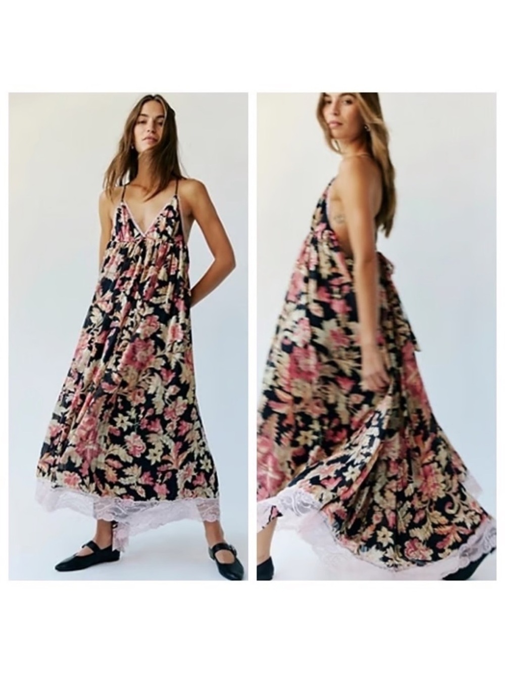 Free people primmy Black Floral Midi Slip Dress with Pink & Cream Blooms smal